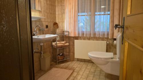 a bathroom with a toilet and a sink at Zauscherhof in Wildermieming