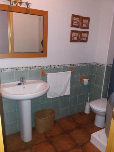 萊魯埃拉的住宿－Alojamiento Mirador del Castillo，一间带水槽、卫生间和镜子的浴室