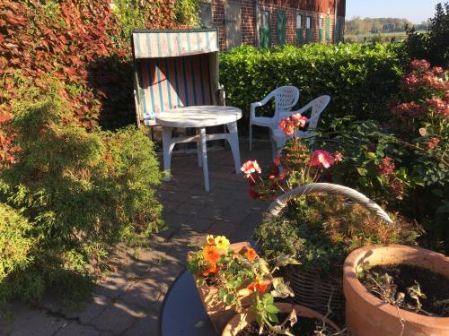 a chair and some flowers in a garden at Wrede-Hof in Kappeler Niederstrich