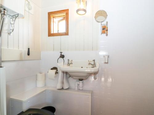 ein weißes Badezimmer mit einem Waschbecken und einem Spiegel in der Unterkunft The Gypsy in St Asaph