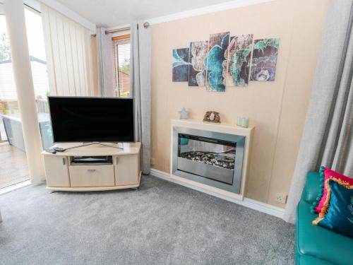 a living room with a tv and a fireplace at Ramblers Rest in Morpeth