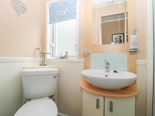 Un baño con un inodoro blanco y un lavabo. en Ramblers Rest, en Morpeth