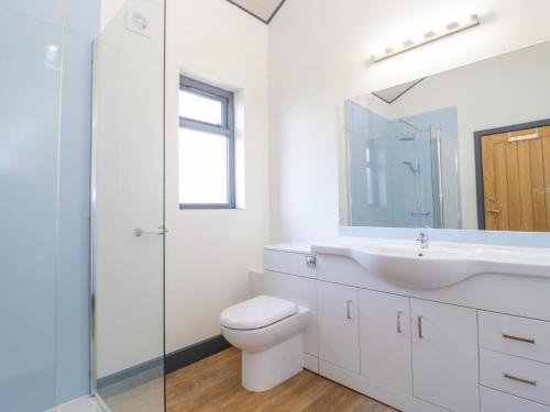 W łazience znajduje się umywalka, toaleta i lustro. w obiekcie Primrose w mieście Glastonbury