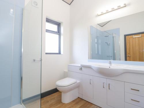 ein Badezimmer mit einem Waschbecken, einem WC und einem Spiegel in der Unterkunft Bluebell in Glastonbury