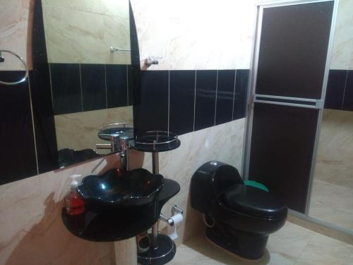 ein Badezimmer mit einem WC, einem Waschbecken und einem Spiegel in der Unterkunft Finca campestre y recreativa los potrillos in Doradal