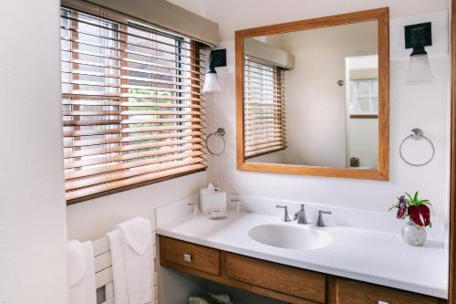 a bathroom with a sink and a mirror at Kilauea Lodge and Restaurant in Volcano