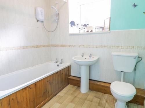 a bathroom with a toilet and a sink and a bath tub at Dyfi Cottage in Machynlleth