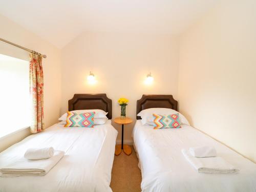 two twin beds in a room with a window at Cornflower Cottage in Saint Columb Major