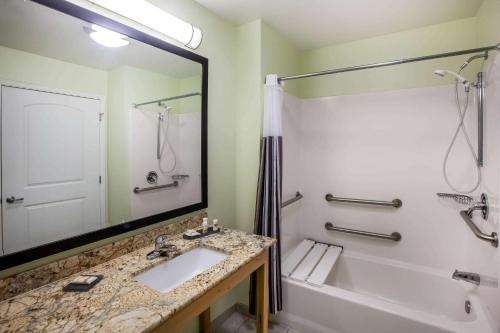 een badkamer met een wastafel, een bad en een spiegel bij La Quinta by Wyndham Odessa North in Odessa