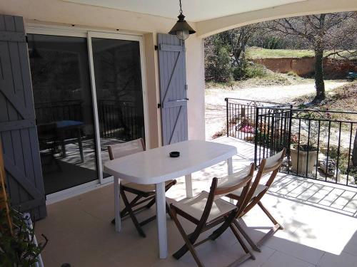 - une table blanche et 2 chaises sur une terrasse couverte dans l'établissement Mas des Grives, à Bauduen