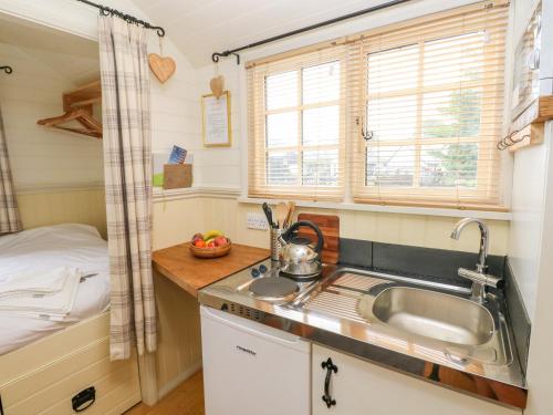 a tiny kitchen with a sink and a bed at Shepherds Hut - The Hurdle in Milford Haven