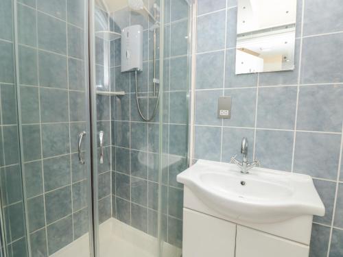 uma casa de banho com um chuveiro e um lavatório. em Eastdown Annexe em Totnes