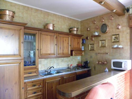 a kitchen with wooden cabinets and a sink and a microwave at B&B Al Giardino in Monreale