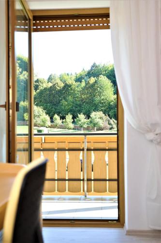 a window with a view of a balcony at Ferienwohnung Röhrer in Obertrubach