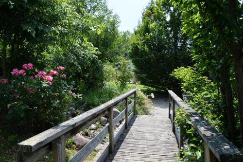 a wooden bridge over a path with pink flowers at Resort La Mola in Sommacampagna