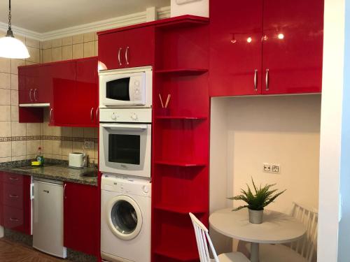 Apartamento La Penca 3 Garachico في غاراتشيكو: مطبخ مع دواليب حمراء وغسالة ونشافة