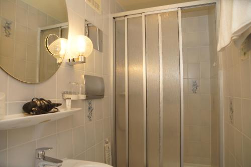a bathroom with a shower and a sink and a mirror at Haus am Kurpark in Schömberg