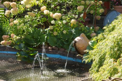 a bird sitting next to a fountain in a garden at Haus am Kurpark in Schömberg