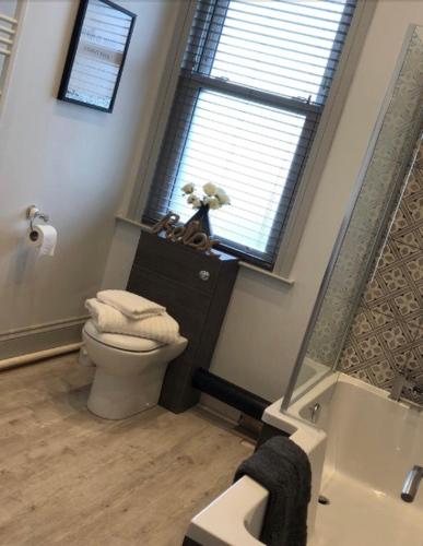 a bathroom with a toilet and a window at PENTHOUSE in Shanklin