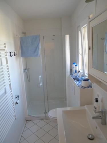 a white bathroom with a shower and a sink at Hostal Moratinos in Moratinos