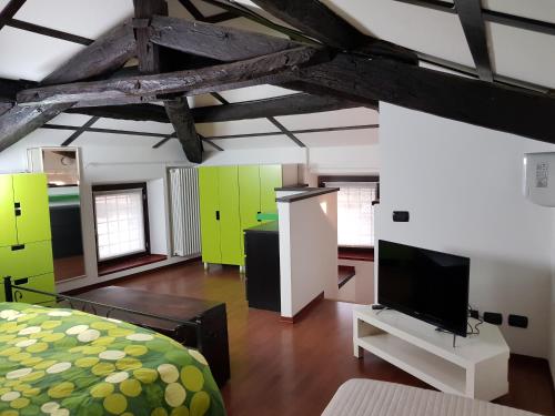 1 dormitorio con 1 cama y TV en una habitación en Appartamenti Old Farm en Vaprio dʼAgogna