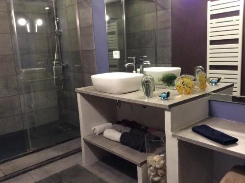 皮耶爾拉特的住宿－Chambres Doubles La Cigale，一间带水槽和淋浴的浴室