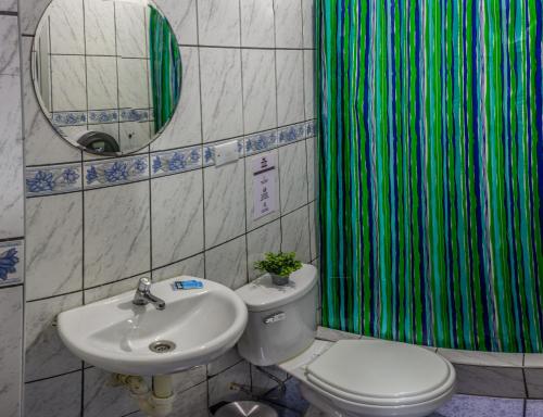 a bathroom with a sink and a toilet and a shower curtain at Tupac Lima Airport in Lima