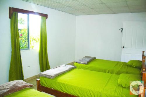 1 dormitorio con 2 camas verdes y ventana en CASA MARLE, en Boquete