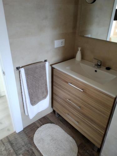 a bathroom with a sink and a mirror and a towel at EL RINCON DE CRISTINA in Perlora