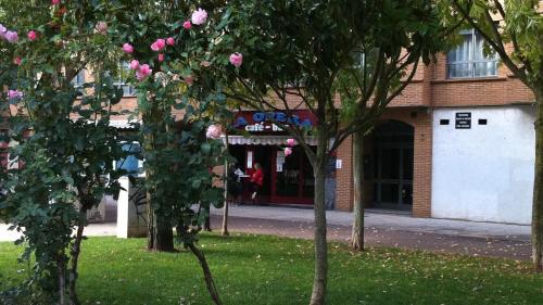 a building with pink roses in front of it at Pension Santiago in Burgos