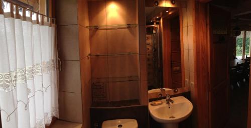 La salle de bains est pourvue d'un lavabo et de toilettes. dans l'établissement Moja chata do wynajęcia, à Istebna