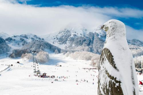 a snowboarder standing on top of a snow covered mountain at Boutique Hotel Palazzo Corso Umberto in Boiano