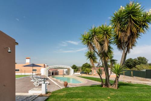 a swimming pool with two palm trees next to a house at Quinta do Paraíso in Palmela