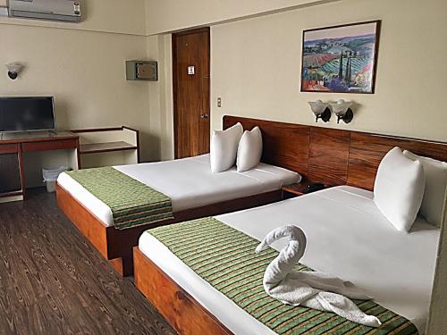 ein Hotelzimmer mit 2 Betten mit einem Schwan darauf in der Unterkunft Hotel Ambassador in San José