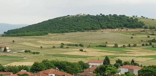 a view of a hill with fields and houses at Stavroula's Houses in Kélla