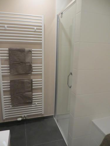 a bathroom with a shower and a towel rack at Osea Oostende in Ostend
