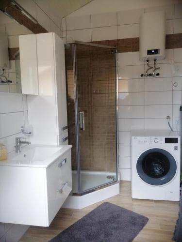 a bathroom with a shower and a washing machine at Kuldigas Holiday House in Kuldīga