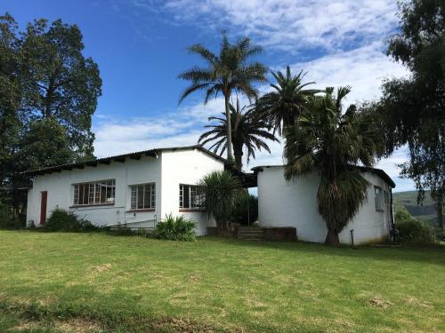 a white house with two palm trees in front of it at The Old Mushroom Farm in Howick