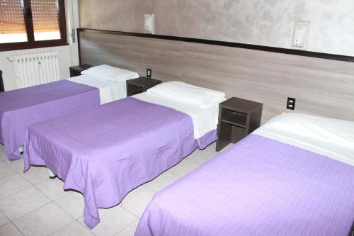three beds in a hotel room with purple sheets at Hotel Salus in Milan