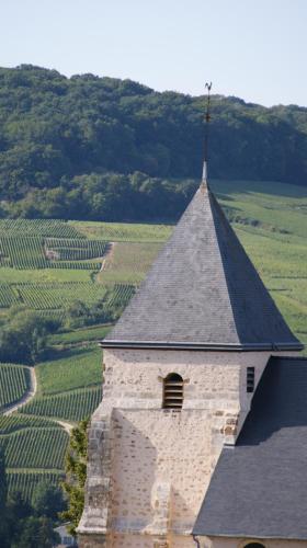 a church with a steeple with a vineyard in the background at Les Dames-Jeannes in Chavot-Courcourt