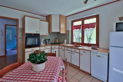 - une cuisine avec une table et une plante en pot dans l'établissement MAISON DE TATIE, à Luttenbach-près-Munster