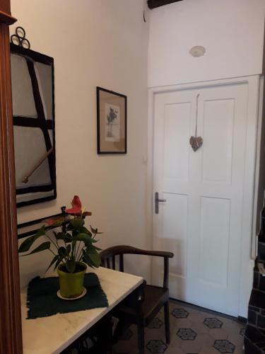 um quarto com uma mesa com uma planta e uma porta em Ferienapartment Luise em Reil