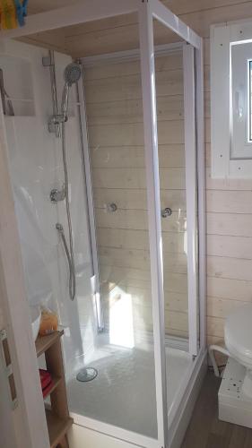 La salle de bains est pourvue d'une douche et de toilettes. dans l'établissement Hausboot Mirabella am Müritz Nationalpark Festanliegend, à Mirow