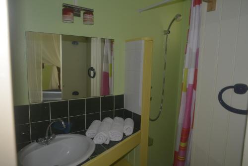 a bathroom with a sink and a mirror and towels at GREEN HOUSE in Deshaies