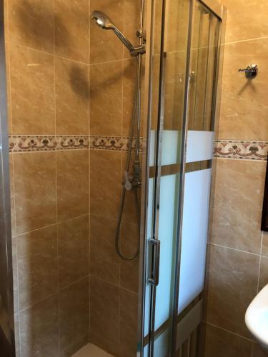 a shower with a glass door in a bathroom at HOSTAL EL ESCUDO in Cilleruelo de Bezana