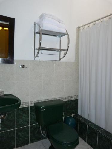 W łazience znajduje się zielona toaleta i umywalka. w obiekcie La Posada Del Fraile w mieście Arequipa