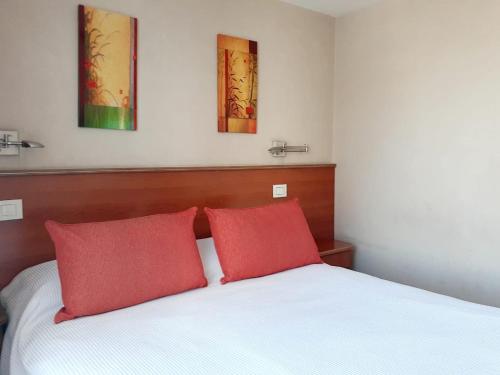 a bedroom with a bed with two red pillows at Hotel Benevento in La Plata