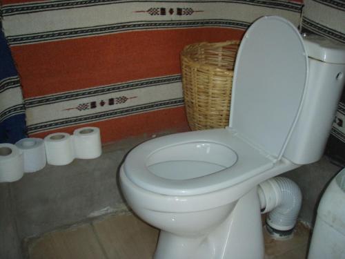 un aseo blanco en un baño con rollos de papel higiénico en Visit Morocco Sahara Camp, en Merzouga
