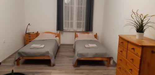 sypialnia z 2 łóżkami, komodą i oknem w obiekcie Elisabeth Apartman w mieście Sopron