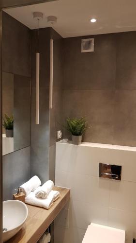 een badkamer met een wastafel en een aanrecht met handdoeken bij Apartament Oświęcim in Oświęcim